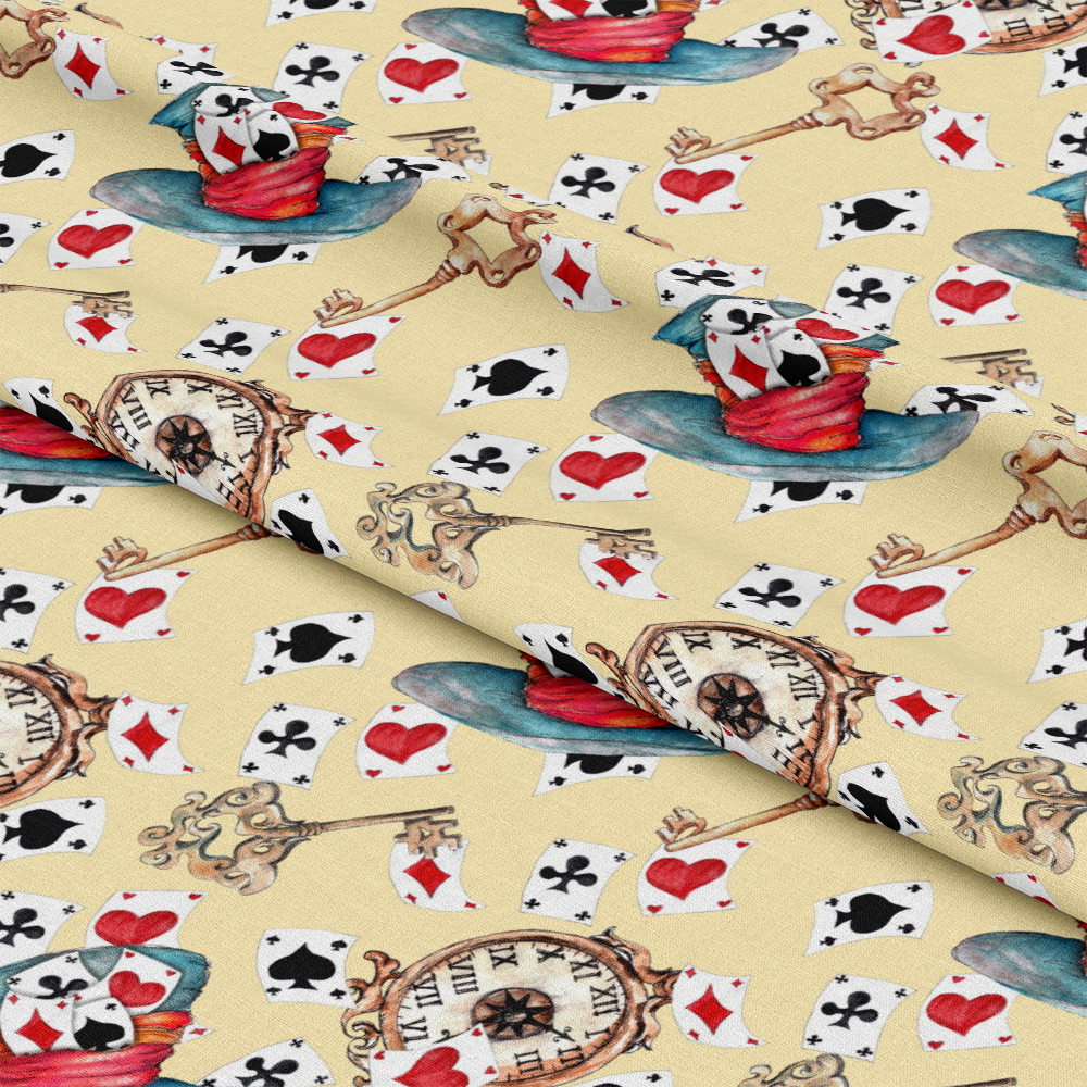 Alice in Wonderland Pattern 9 Quilting Cotton Fabric featuring whimsical illustrations of vintage keys, pocket watches, playing cards, and colorful hats on a beige background, cotton textile, quilting material, classic design, soft texture, creative fabric print, decorative quilting fabric.
