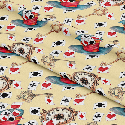 Alice in Wonderland Pattern 9 Quilting Cotton Fabric featuring whimsical illustrations of vintage keys, pocket watches, playing cards, and colorful hats on a beige background, cotton textile, quilting material, classic design, soft texture, creative fabric print, decorative quilting fabric.