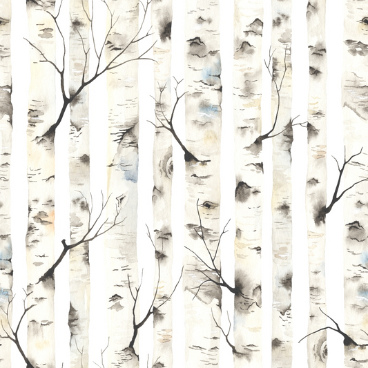 birch trees, white bark, gray markings, bare branches, forest scene, nature pattern, neutral tones, beige accents, watercolor style, organic texture, woodland theme, quilting cotton, fabric panel, winter trees, tree trunks, botanical design, earthy palette, artistic rendering, repeating pattern