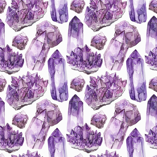 Illustration of various purple crystals in clusters and points on a white background.