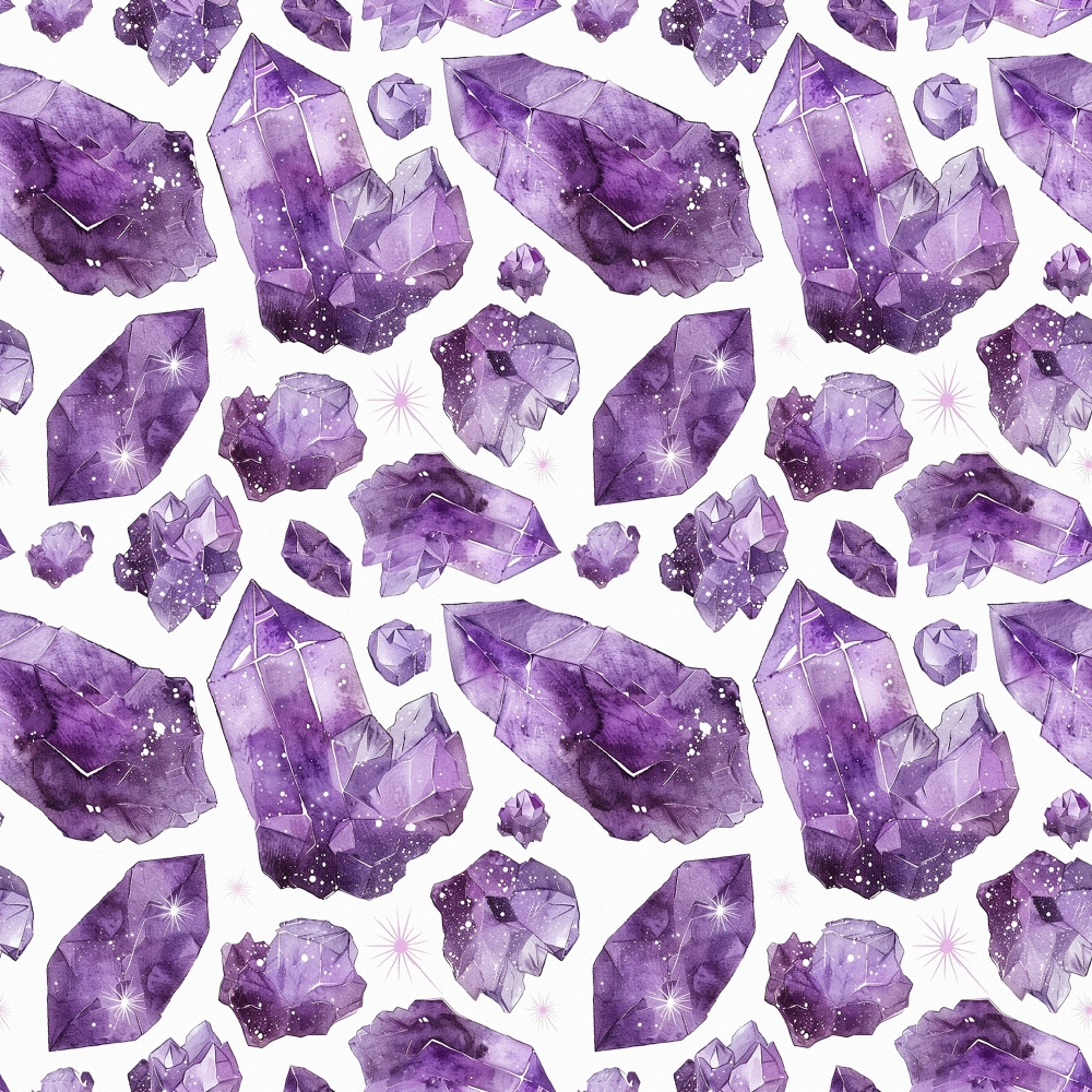 Pattern of watercolor purple crystals of varying sizes on a white background, arranged in a seamless repeating design.