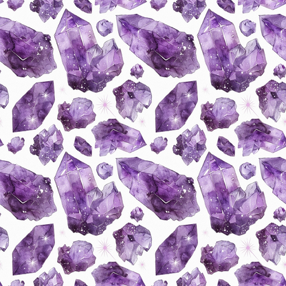 Pattern of watercolor purple crystals of varying sizes on a white background, arranged in a seamless repeating design.