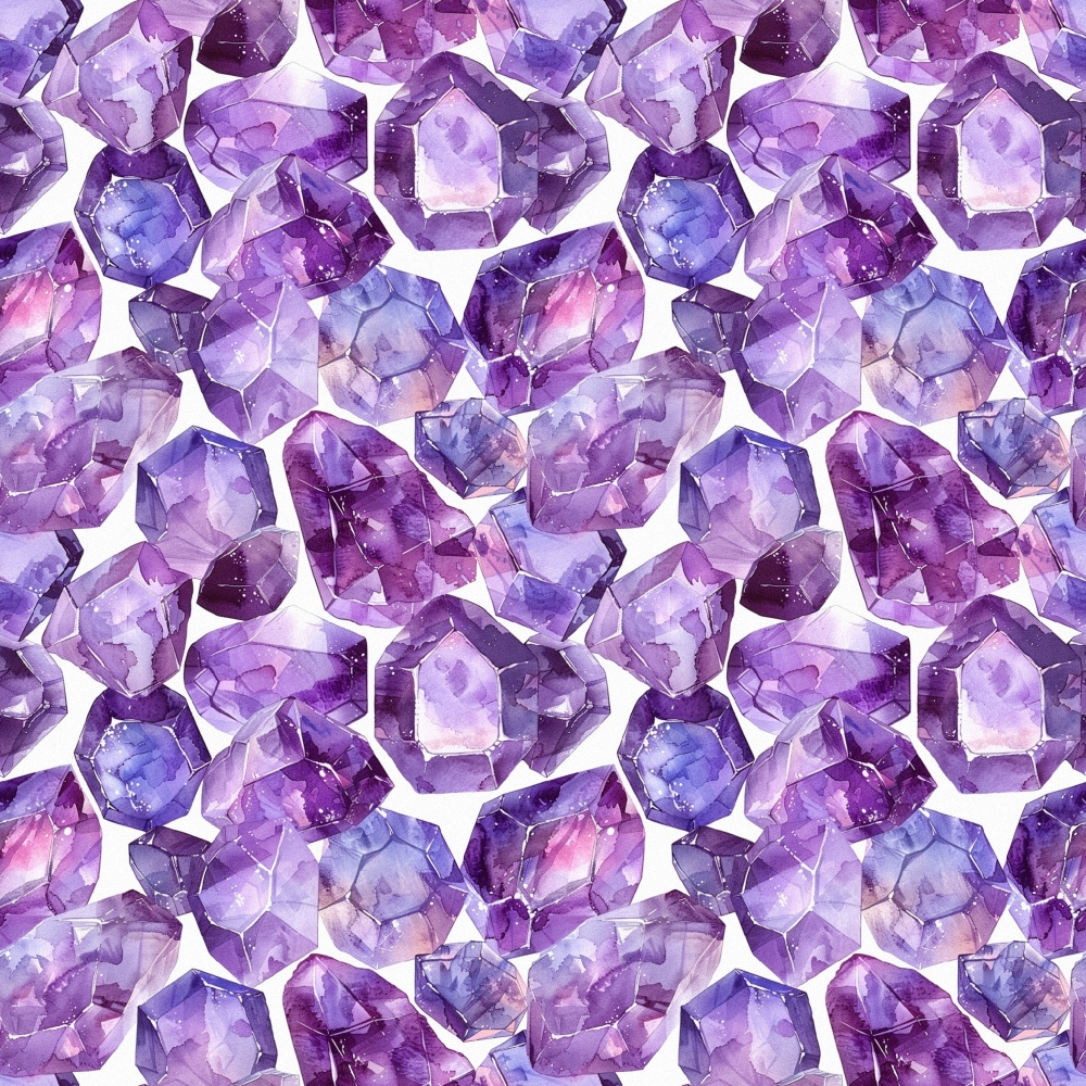 Seamless pattern of purple crystals with various shades and facets, closely arranged on a light background.