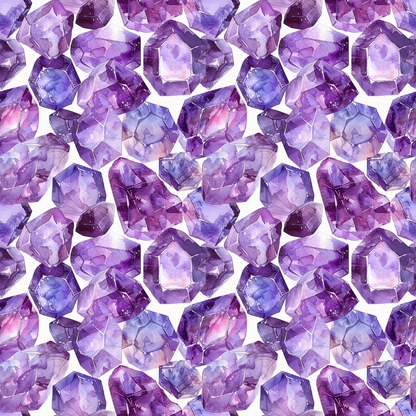 Seamless pattern of purple crystals with various shades and facets, closely arranged on a light background.