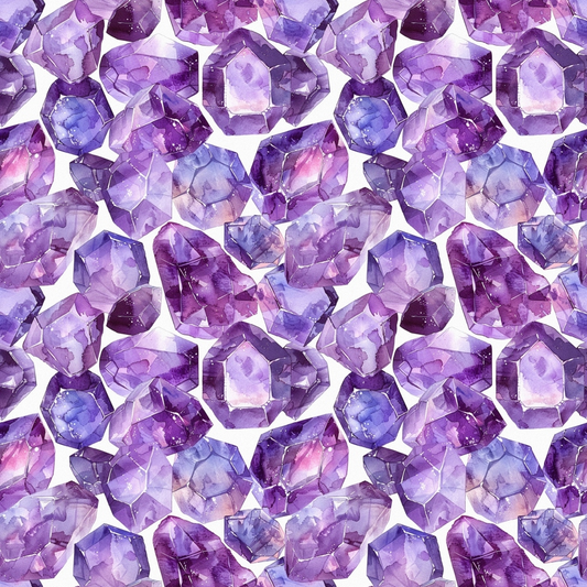 Seamless pattern of purple crystals with various shades and facets, closely arranged on a light background.