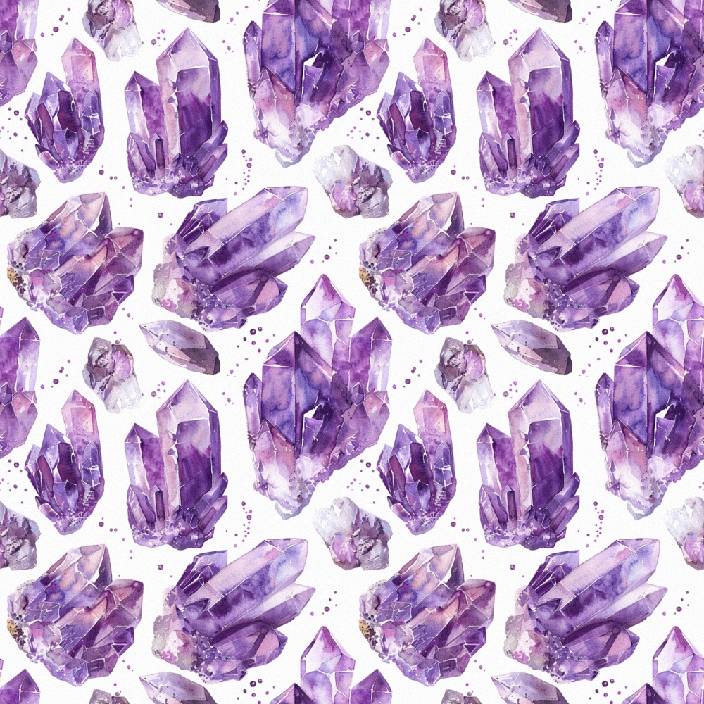 Pattern of purple amethyst crystals in various clusters and formations on a white background.