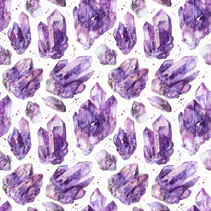 Pattern of purple amethyst crystals in various clusters and formations on a white background.