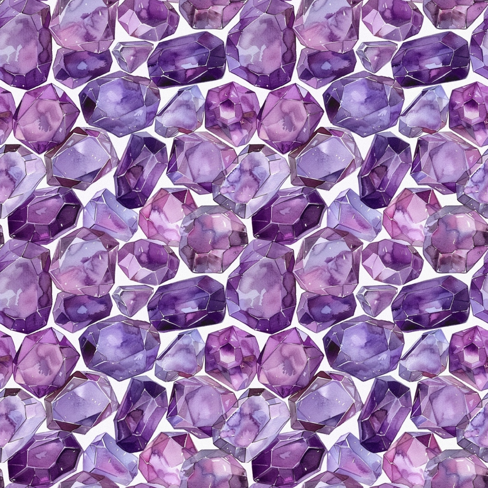 A pattern of various faceted and smooth purple gemstones closely arranged, displaying different shades of purple.