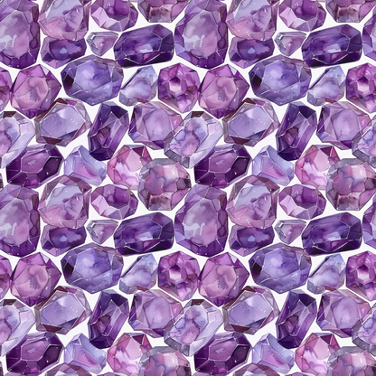 A pattern of various faceted and smooth purple gemstones closely arranged, displaying different shades of purple.