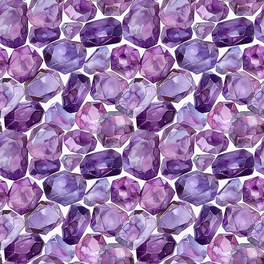 A pattern of various faceted and smooth purple gemstones closely arranged, displaying different shades of purple.