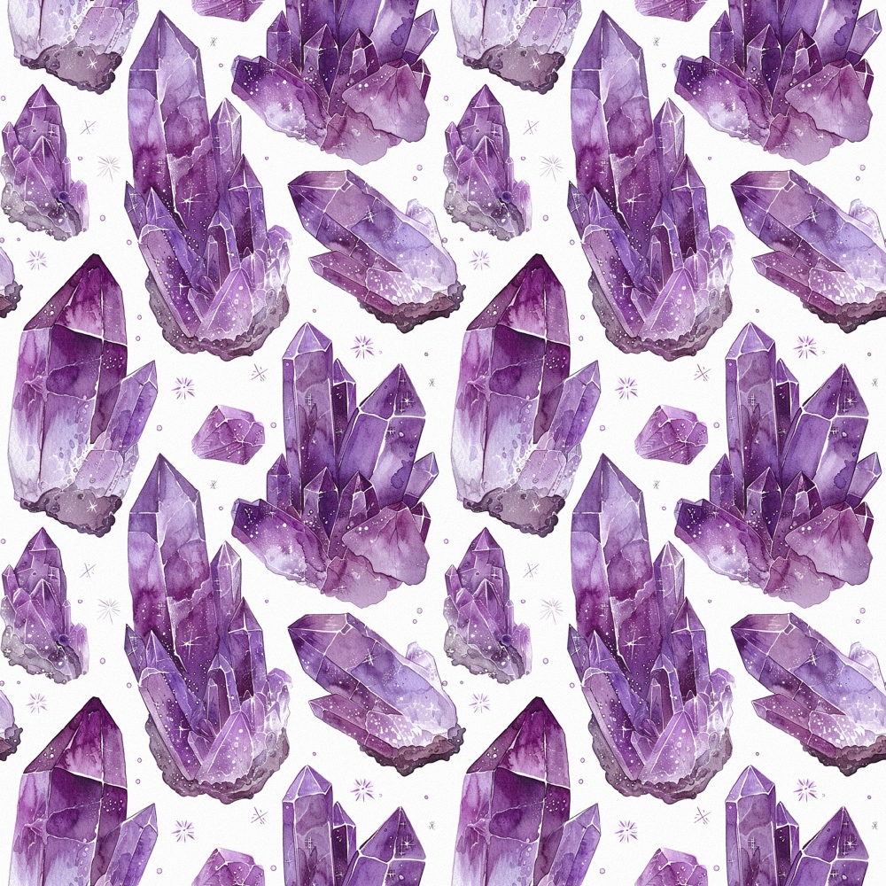 Pattern of purple crystal clusters and stars on a white background.