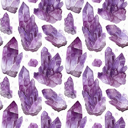 Pattern of purple crystal clusters and stars on a white background.