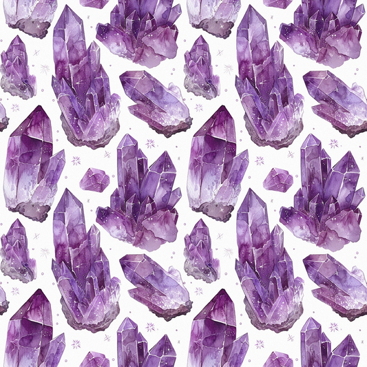 Pattern of purple crystal clusters and stars on a white background.