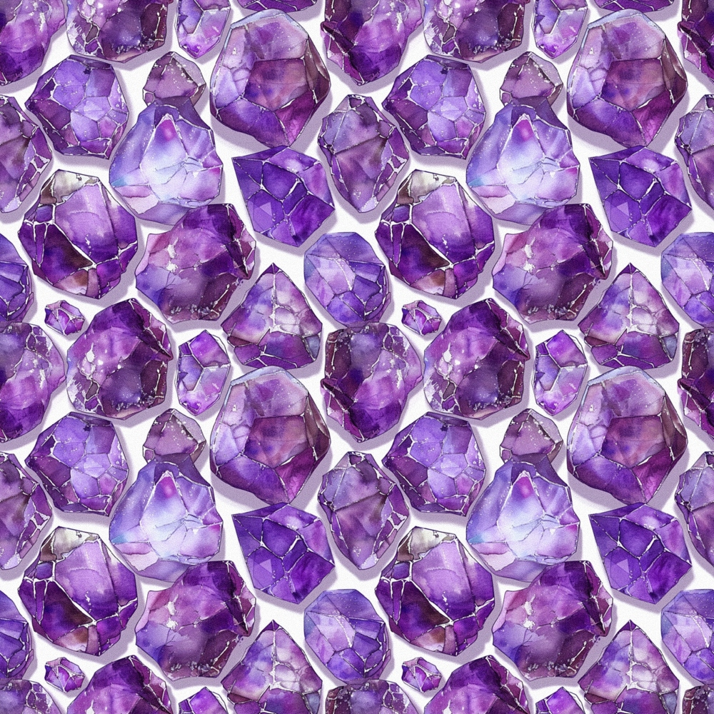 Pattern of polished purple amethyst stones arranged in a symmetrical layout on a white background.