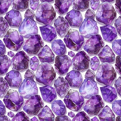 Pattern of polished purple amethyst stones arranged in a symmetrical layout on a white background.