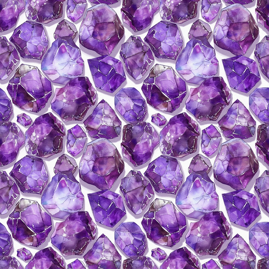 Pattern of polished purple amethyst stones arranged in a symmetrical layout on a white background.