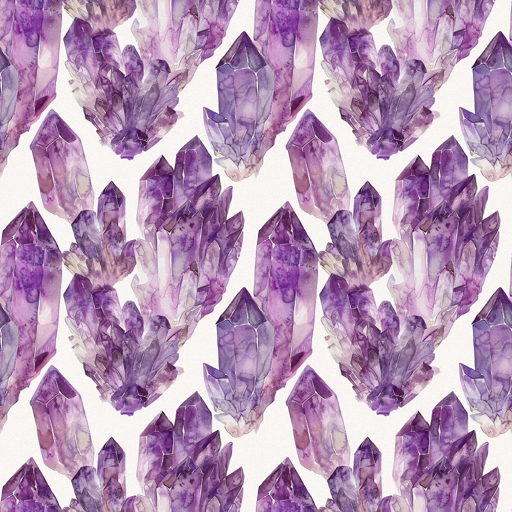 Pattern of purple amethyst crystals arranged symmetrically on a white background.