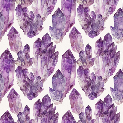 Pattern of purple amethyst crystals arranged symmetrically on a white background.