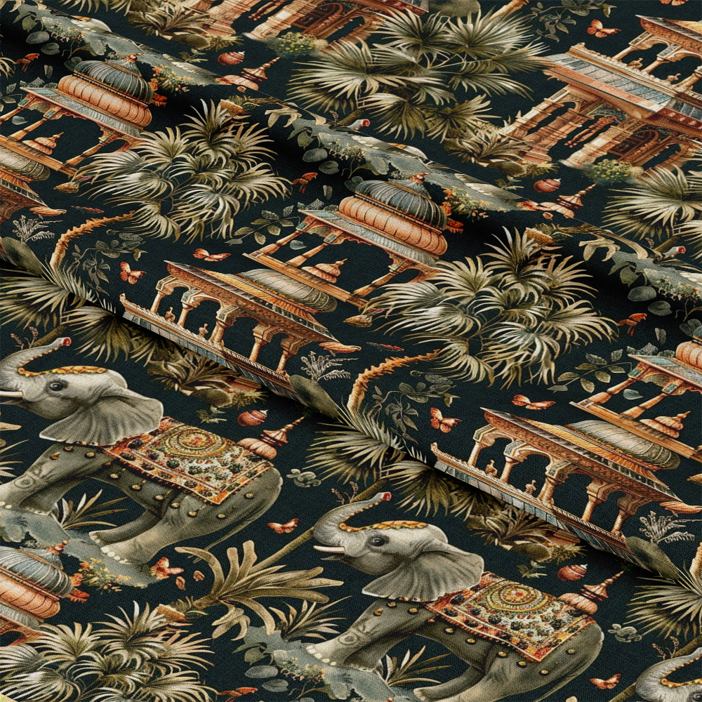 Ananyas Elephant Elegance Pattern 3 Quilting Cotton Fabric, quilting fabric, cotton textile, elephant design, vintage architecture print, botanical motifs, decorative fabric, premium cotton, ornate pattern, green and brown tones, soft texture, traditional style, natural theme, high-quality cotton fabric.
