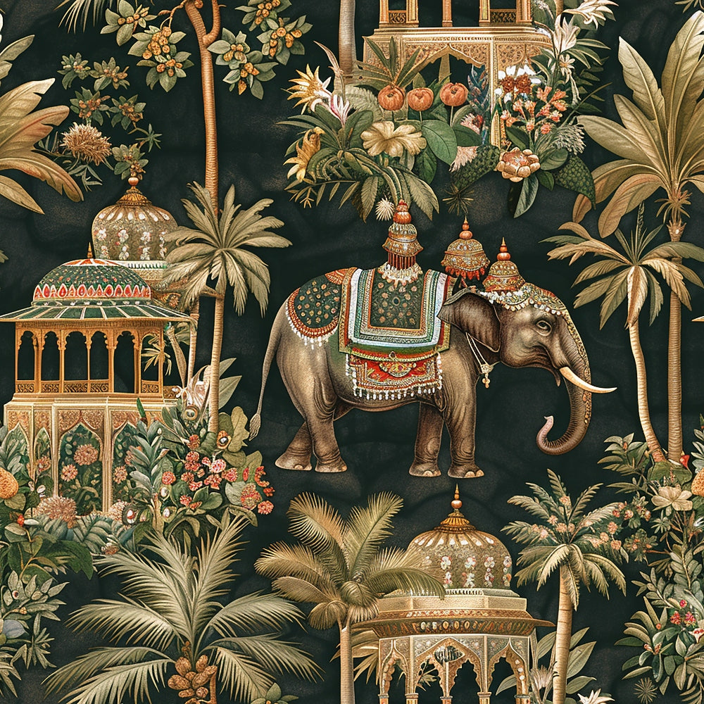 Ananyas Elephant Elegance Pattern 6 Quilting Cotton Fabric featuring detailed elephant design, tropical leaves, floral motifs, ornate architecture, vintage style, muted green, gold, brown, beige, traditional, decorative textile, elegant print, premium quilting cotton material.