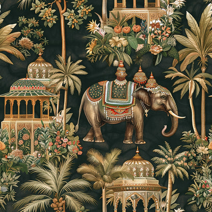 Ananyas Elephant Elegance Pattern 6 Quilting Cotton Fabric featuring detailed elephant design, tropical leaves, floral motifs, ornate architecture, vintage style, muted green, gold, brown, beige, traditional, decorative textile, elegant print, premium quilting cotton material.