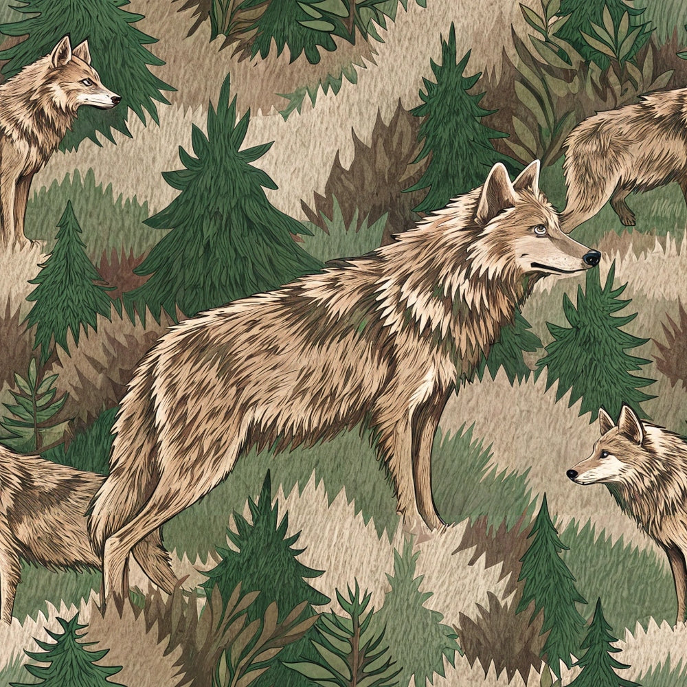 wolves, forest animals, evergreen trees, pine trees, woodland scene, brown fur, tan colors, olive green, sage green, beige tones, animal camouflage, wildlife pattern, nature theme, quilting cotton, fabric panel, realistic illustration, pack animals, coniferous forest, hunting theme, outdoor motif