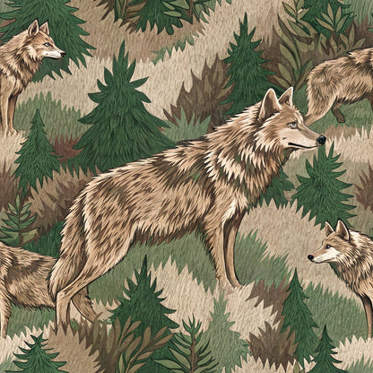 wolves, forest animals, evergreen trees, pine trees, woodland scene, brown fur, tan colors, olive green, sage green, beige tones, animal camouflage, wildlife pattern, nature theme, quilting cotton, fabric panel, realistic illustration, pack animals, coniferous forest, hunting theme, outdoor motif