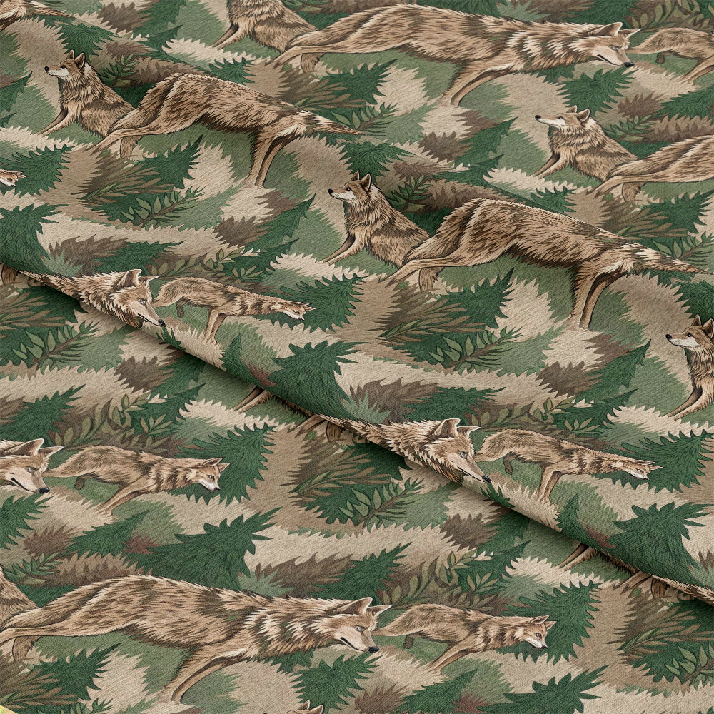 Animal Fur Camo Pattern 1 Quilting Cotton Fabric featuring woodland wolves, green foliage, brown, tan, beige colors, camouflage design, cotton textile, quilting material, nature-inspired print, soft fabric texture, premium quality cotton quilting fabric, animal motif, outdoor camo pattern, cotton cloth.