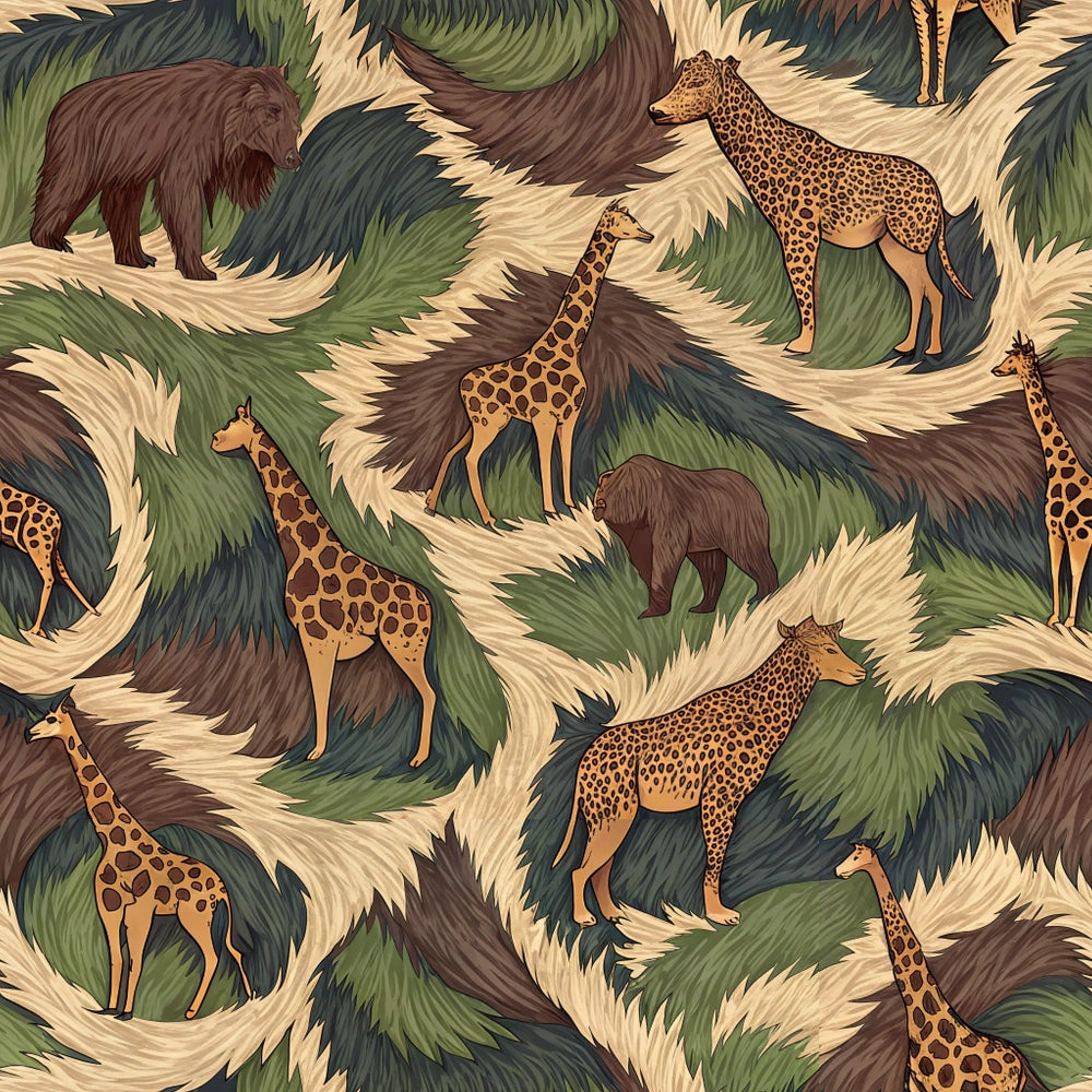 animal print, safari animals, giraffe, leopard, bear, fur texture, camouflage pattern, brown, tan, green, cream, beige, wildlife design, jungle theme, nature motif, quilting cotton, fabric panel, earth tones, spotted pattern, textured background