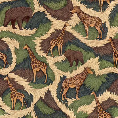 animal print, safari animals, giraffe, leopard, bear, fur texture, camouflage pattern, brown, tan, green, cream, beige, wildlife design, jungle theme, nature motif, quilting cotton, fabric panel, earth tones, spotted pattern, textured background