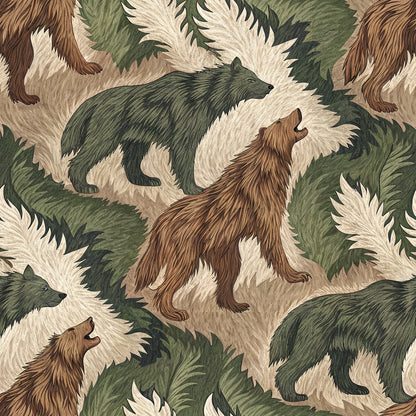 animal fur, camouflage pattern, bears, wolves, forest green, brown, cream, beige, woodland creatures, wildlife motif, nature theme, hunting pattern, outdoor fabric, quilting cotton, fabric panel, realistic animals, forest animals, camouflage design, earth tones, rustic style