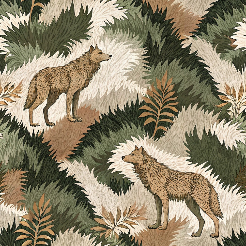 wolves, forest animals, camouflage pattern, brown tones, olive green, cream white, tan beige, feathery foliage, tropical leaves, wildlife motif, quilting cotton, fabric panel, nature scene, earthy palette, botanical elements, animal silhouettes, jungle theme, organic shapes, neutral colors, wilderness design