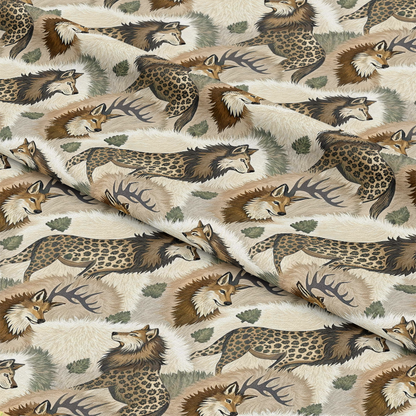 Animal Fur Camo Pattern 5 Quilting Cotton Fabric featuring wolves, deer, and cheetahs in brown, beige, tan, cream, and green tones with camouflage design, quilting cotton material, and wildlife motifs.