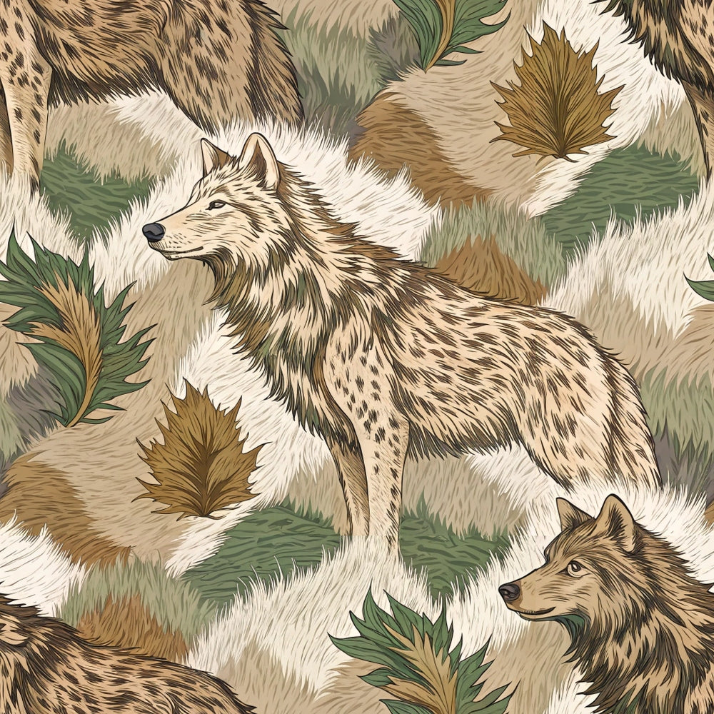 wolves, camouflage pattern, animal fur texture, earth tones, brown, tan, beige, green, cream, woodland creatures, forest animals, wildlife design, hunting theme, outdoor motif, nature pattern, realistic illustration, quilting cotton, fabric panel, camouflage print, textured fur