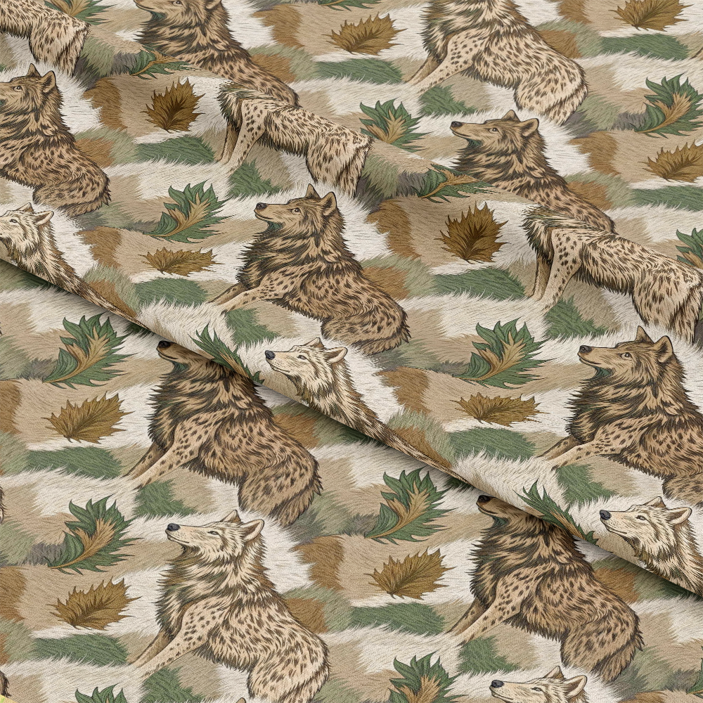 Animal Fur Camo Pattern 6 Quilting Cotton Fabric featuring wolf illustrations in brown, beige, cream, and green tones, camouflage style, wildlife design, quilting material, soft cotton textile, nature-inspired print, premium quilting fabric.