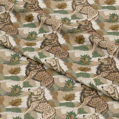 Animal Fur Camo Pattern 6 Quilting Cotton Fabric featuring wolf illustrations in brown, beige, cream, and green tones, camouflage style, wildlife design, quilting material, soft cotton textile, nature-inspired print, premium quilting fabric.