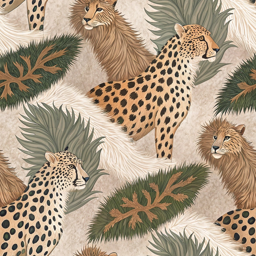 beige, tan, brown, green, cream, lions, leopards, cheetahs, big cats, safari animals, tropical leaves, palm fronds, pampas grass, animal print, spotted pattern, jungle theme, wildlife, quilting cotton, fabric panel, earthy tones, natural colors, exotic animals