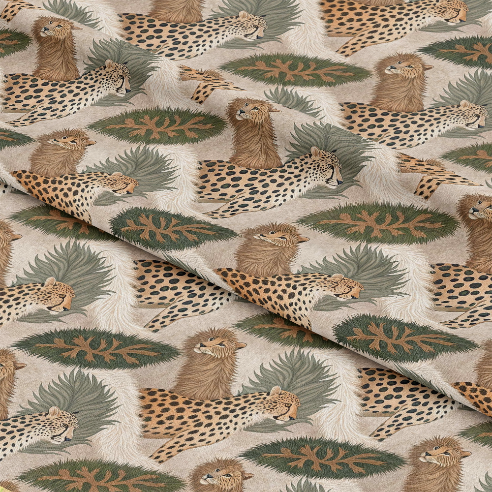 Animal Fur Camo Pattern 8 Quilting Cotton Fabric featuring cheetahs, lions, green foliage, camouflage design, beige, brown, tan, natural colors, quilting, cotton textile, animal print, wildlife fabric, soft cotton material, sewing craft fabric, premium quilting material.