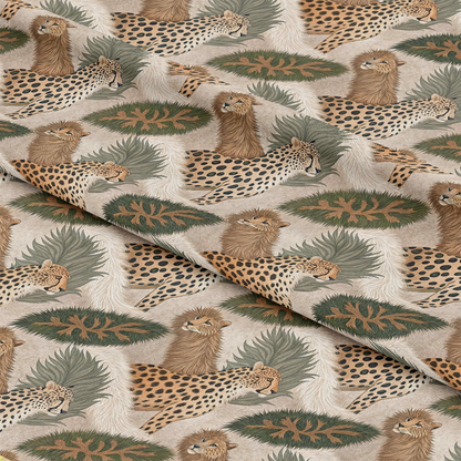 Animal Fur Camo Pattern 8 Quilting Cotton Fabric featuring cheetahs, lions, green foliage, camouflage design, beige, brown, tan, natural colors, quilting, cotton textile, animal print, wildlife fabric, soft cotton material, sewing craft fabric, premium quilting material.
