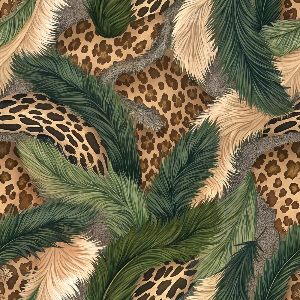 animal print, leopard spots, tropical leaves, palm fronds, feathers, tan background, brown spots, green foliage, cream feathers, jungle pattern, safari theme, exotic wildlife, natural textures, quilting cotton, fabric panel, camouflage design, wildlife motif, tropical plants, animal fur texture, nature inspired