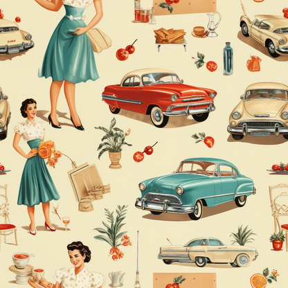 Vintage pattern with retro cars, women in 1950s dresses, and classic household items like a typewriter, radio, and plants.