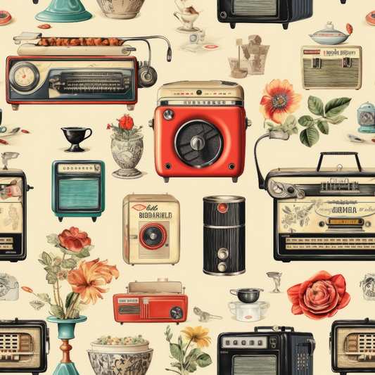 Seamless pattern of vintage radios, flowers, and porcelain vases on a light background.