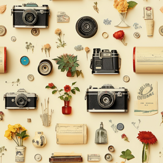 Vintage cameras, flowers, rolls of paper, and various small objects are arranged on a light cream background for a flat lay composition.