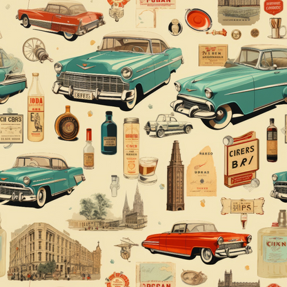 Vintage cars and assorted retro memorabilia, including bottles, architectural sketches, and advertisements, on a beige background.