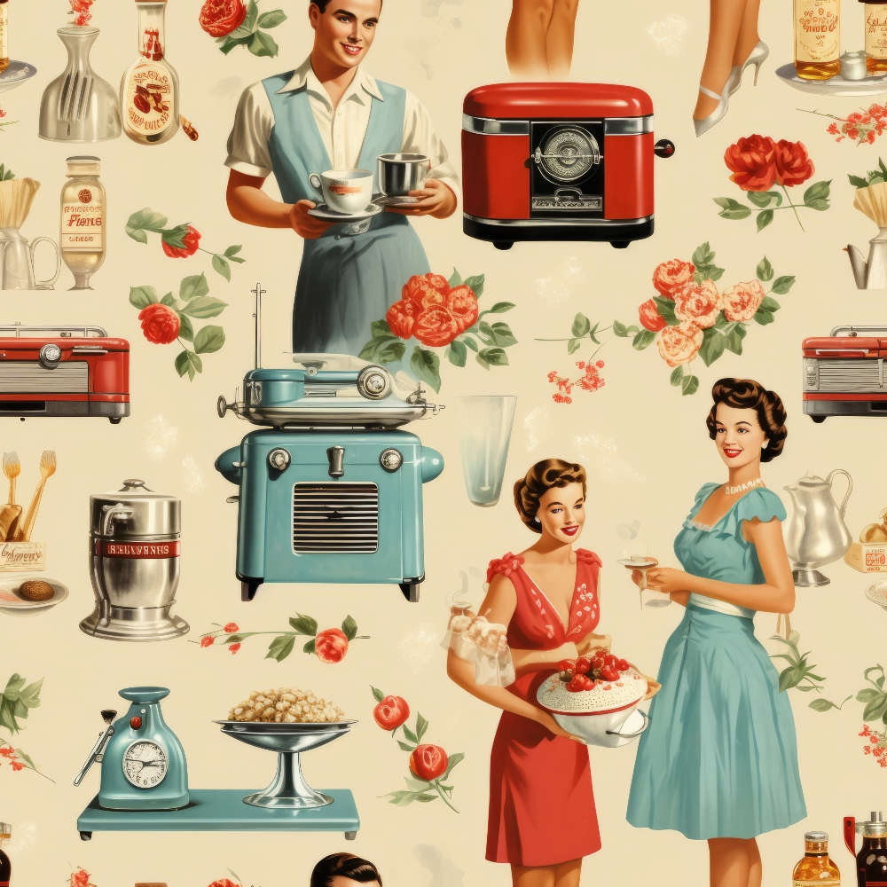vintage women, 1950s housewives, kitchen appliances, retro appliances, red roses, pink flowers, cream background, turquoise blue, coral red, mid-century modern, domestic scenes, cooking utensils, coffee makers, mixers, floral motifs, nostalgic imagery, quilting cotton, fabric panel, retro pattern, kitchen themed