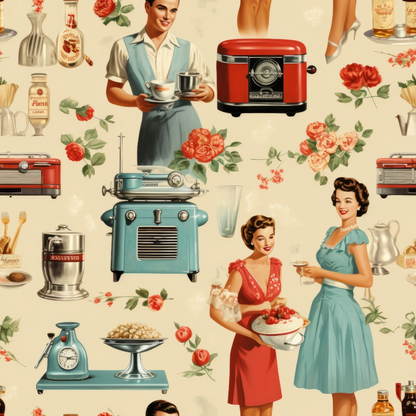 Vintage-style illustration with repeating patterns of women holding kitchen appliances, surrounded by various cooking utensils, roses, and kitchen items.