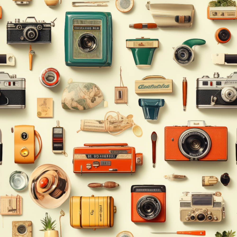 A collection of vintage cameras, watches, and electronics arranged on a white background.