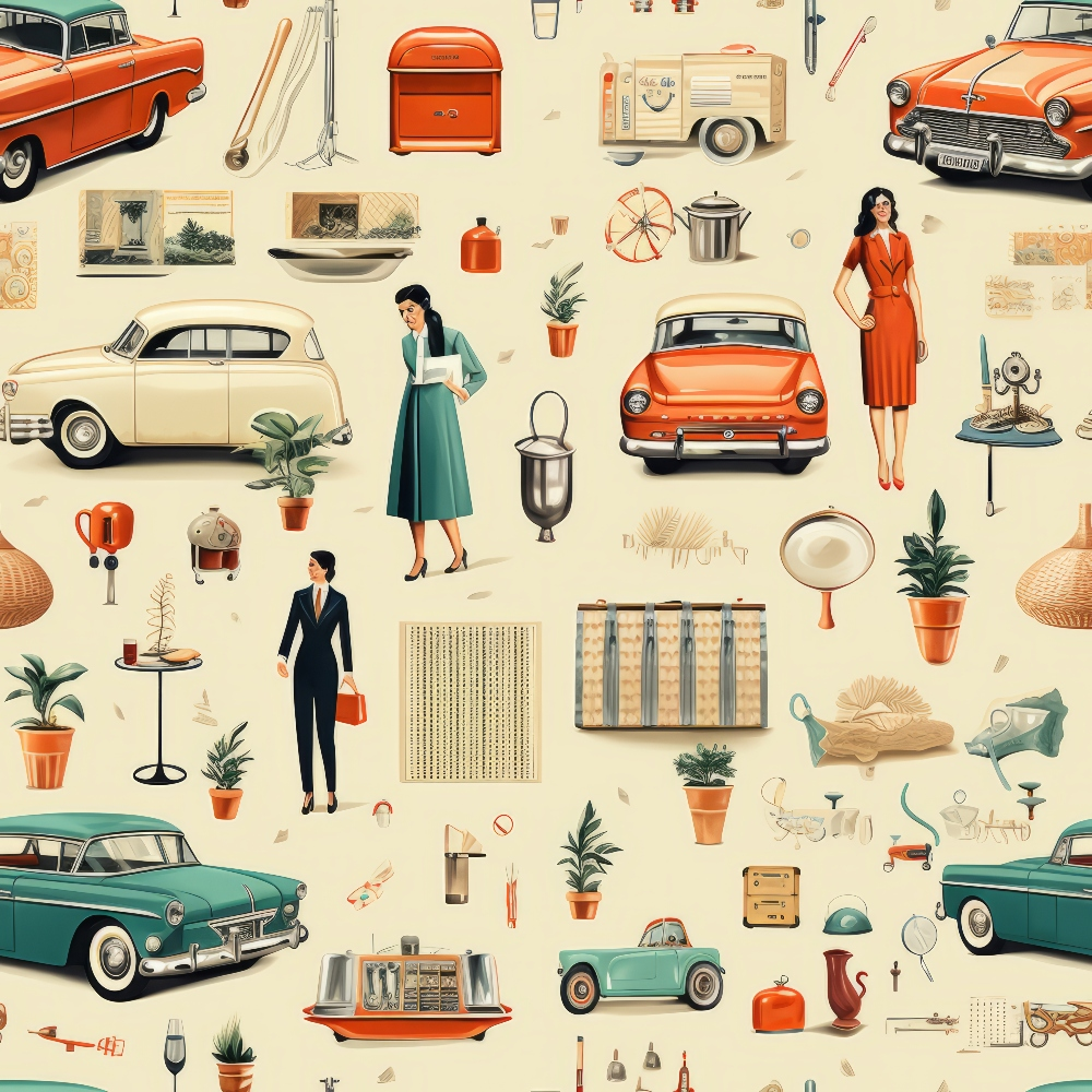 Vintage collage with retro cars, women in vintage attire, household items, potted plants, and various objects on a beige background.