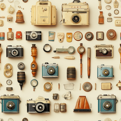 A collection of vintage cameras and photography equipment arranged in a grid pattern against a plain background.