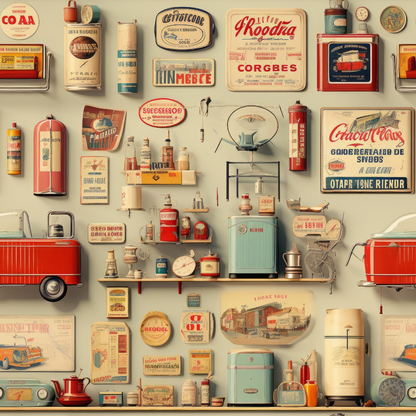 A vintage wall display featuring retro signs, tins, and classic appliances in various colors. Items include scales, fire extinguishers, and packaging from bygone eras.